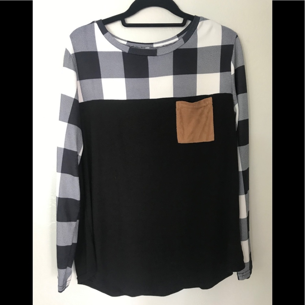 Long Sleeve Black & Buffalo Plaid Tee with Brown Pocket